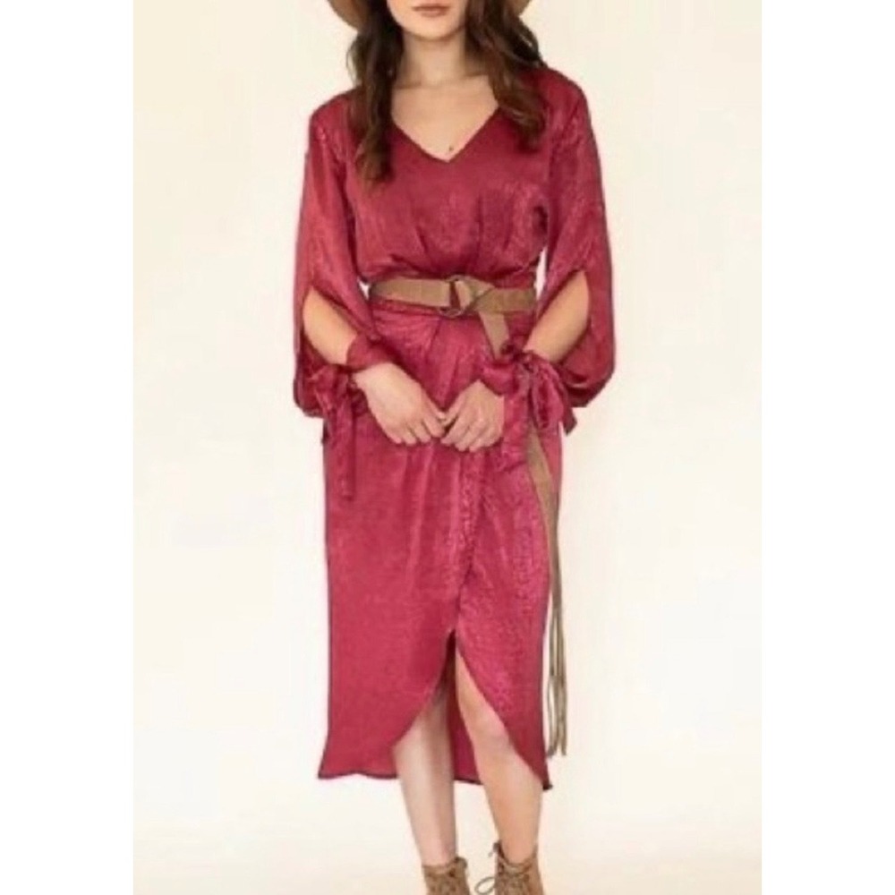 Mia Joy Joyfolie Marcella Dress Carnet‎ Red Satin Wrap Midi Split Tie Sleeve S